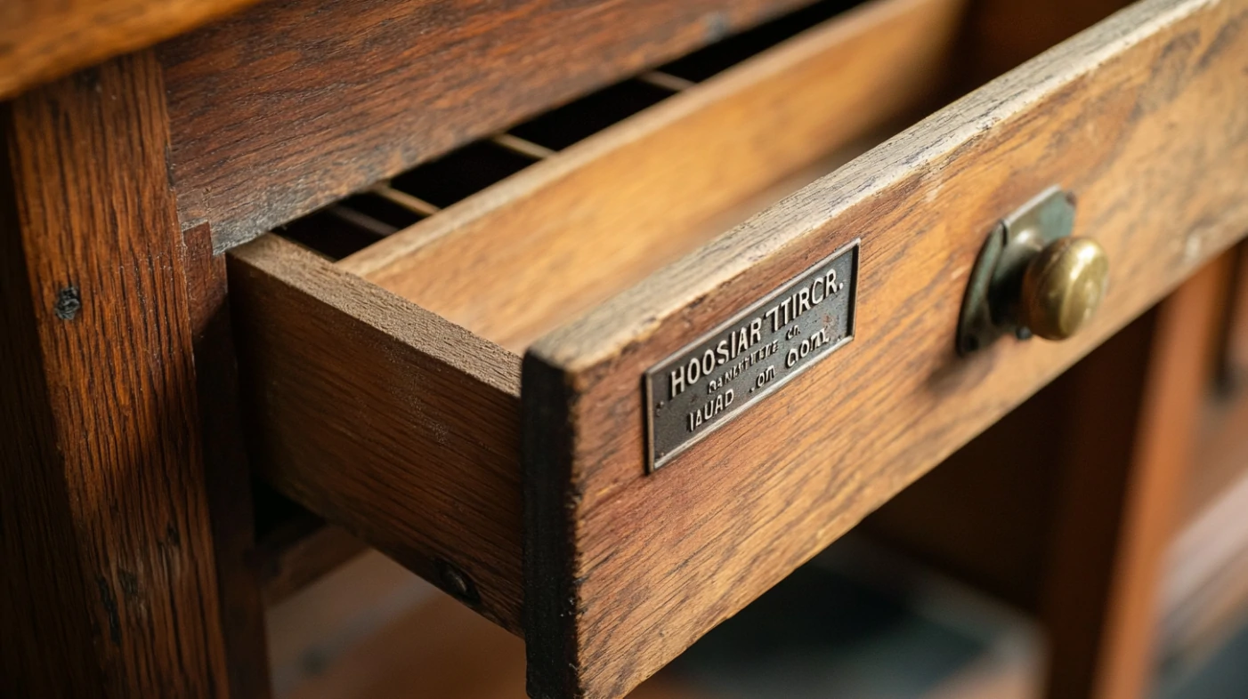 close-up of vintage hoosier cabinet metal label on wooden drawer