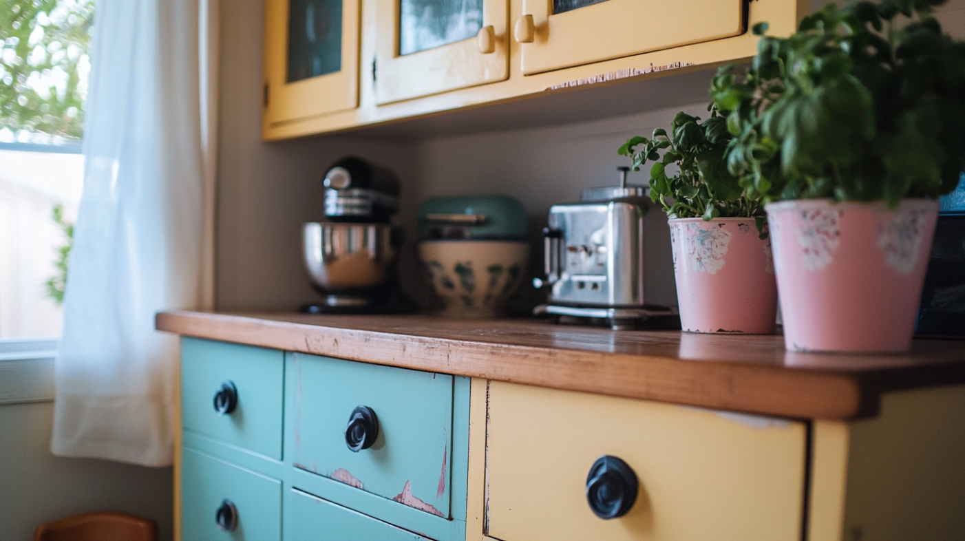 ntage hoosier cabinet with worn painted drawers and black knobs