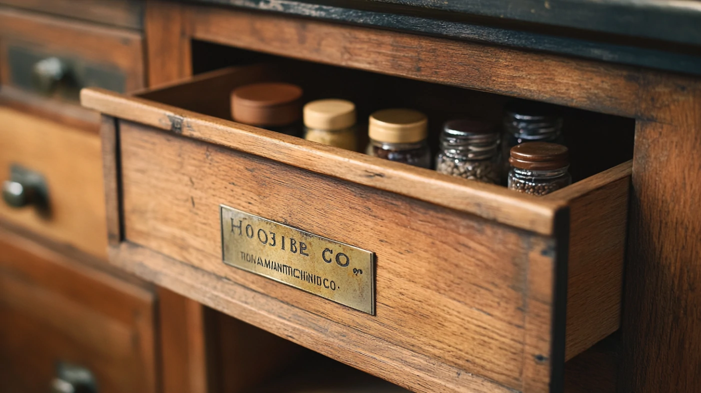 vintage hoosier cabinet spice drawer open with glass jars inside