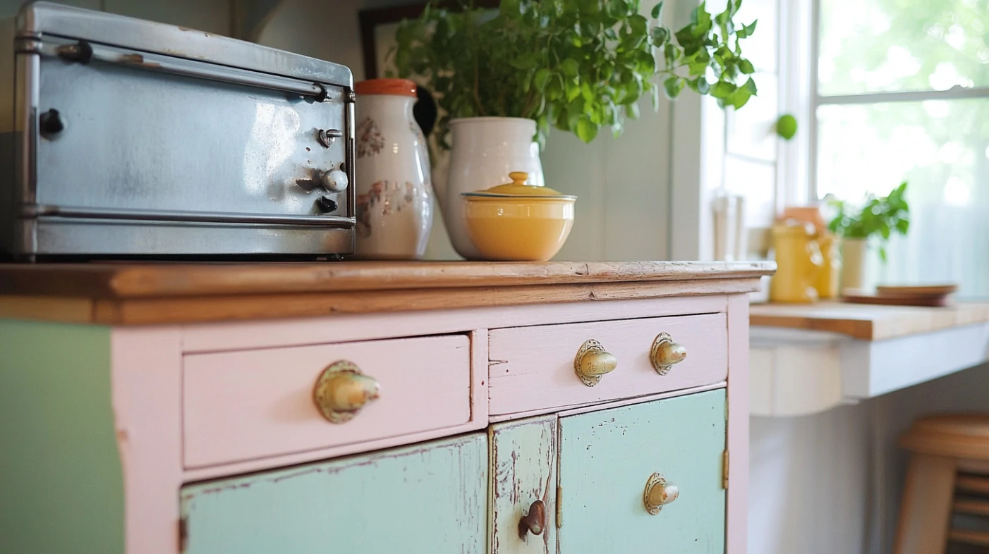 vintage hoosier kitchen cabinet with pastel drawers and countertop appliances