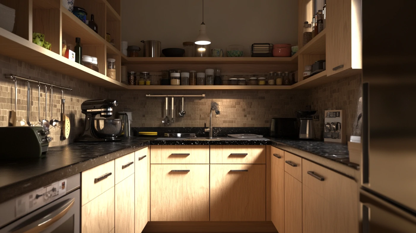 cozy kitchen with birch kitchen cabinets and black granite countertops