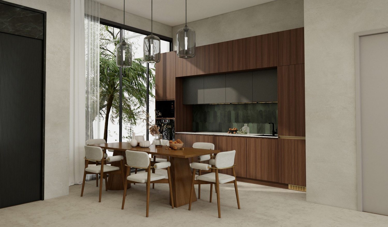 west coast contemporary dining area with wood kitchen cabinetry and natural light through large windows