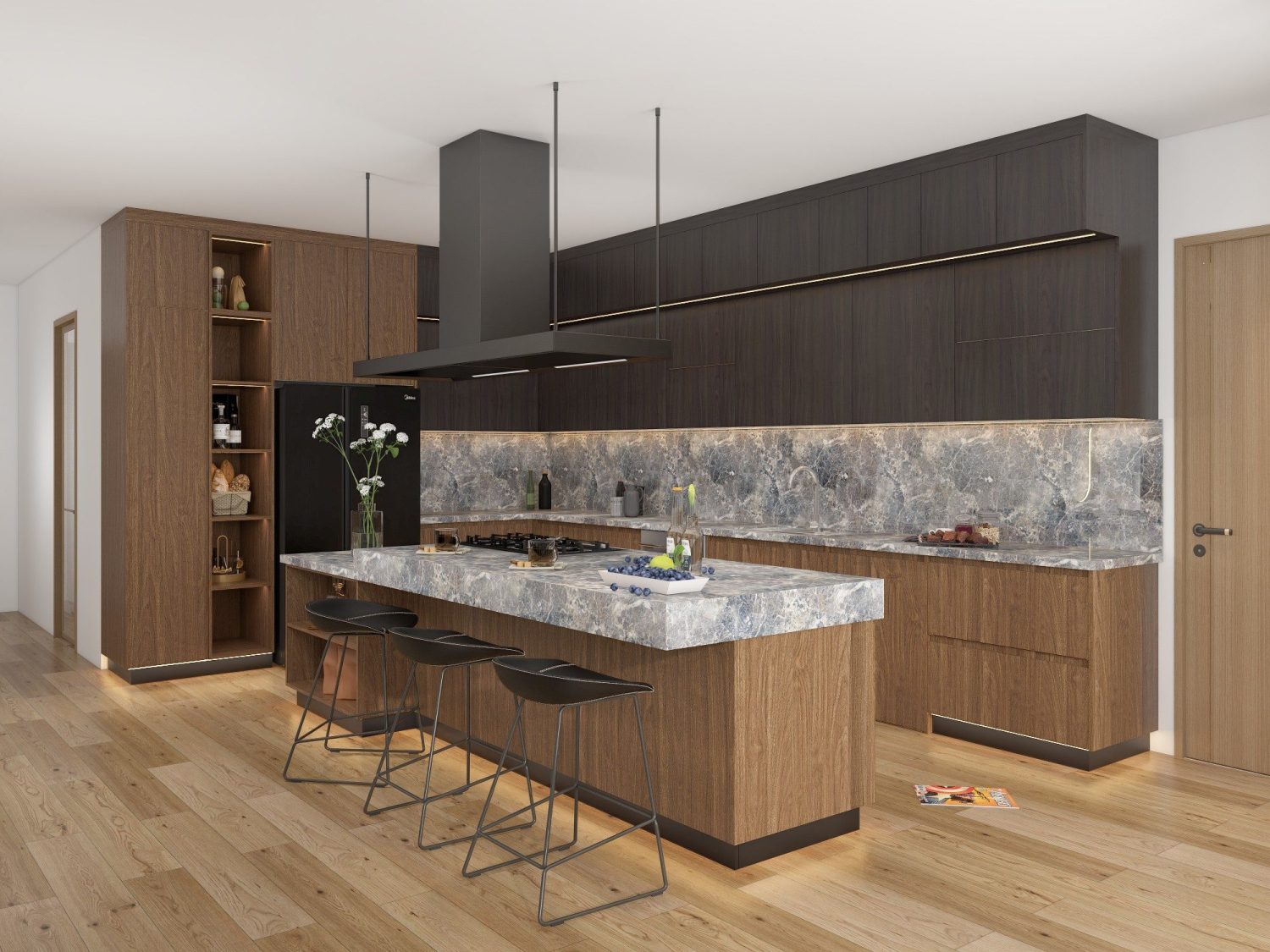 west coast kitchen with natural wood cabinets marble countertops kitchen island black stools and integrated appliances