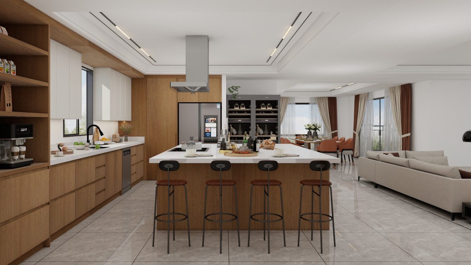 west coast contemporary open concept kitchen with natural wood cabinets and white waterfall countertop