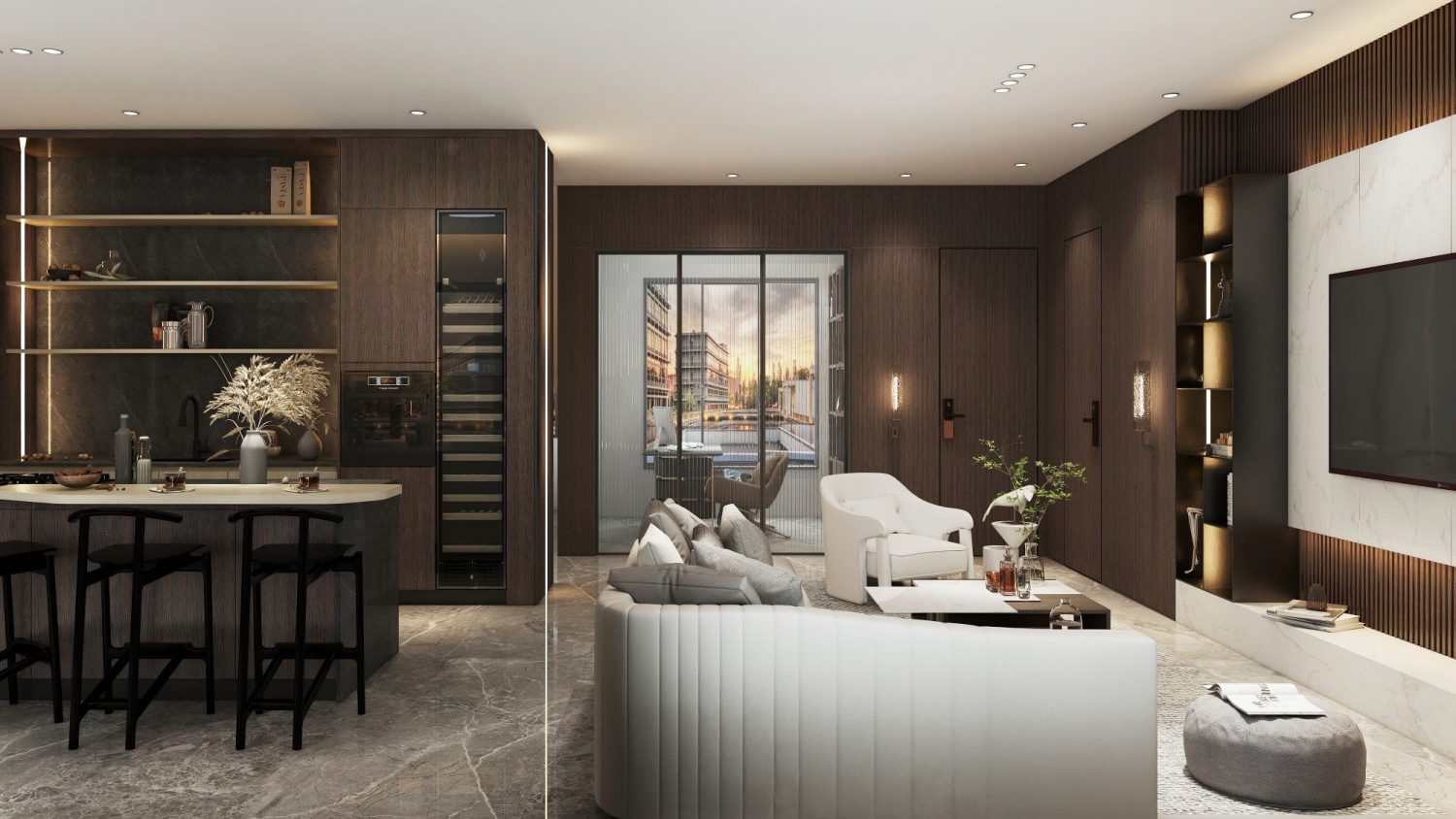 west coast contemporary kitchen open living area with wood cabinetry marble countertops and glass doors