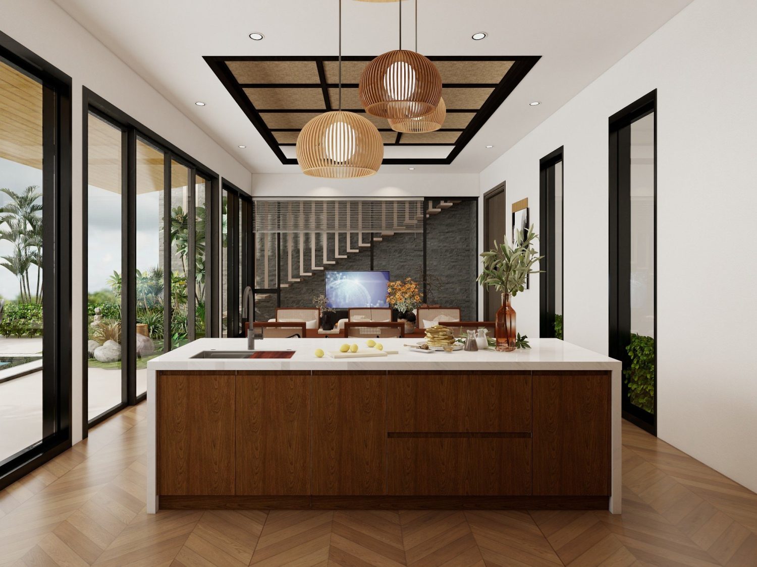 west coast contemporary kitchen with wood cabinetry white waterfall countertop and open indoor outdoor living