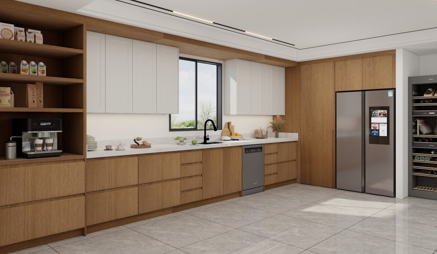 Brown Kitchen Cabinets Inspiration: Top 20 Ideas 1 west coast kitchen with natural wood laminate cabinets white upper cupboards open shelving and stainless steel appliances