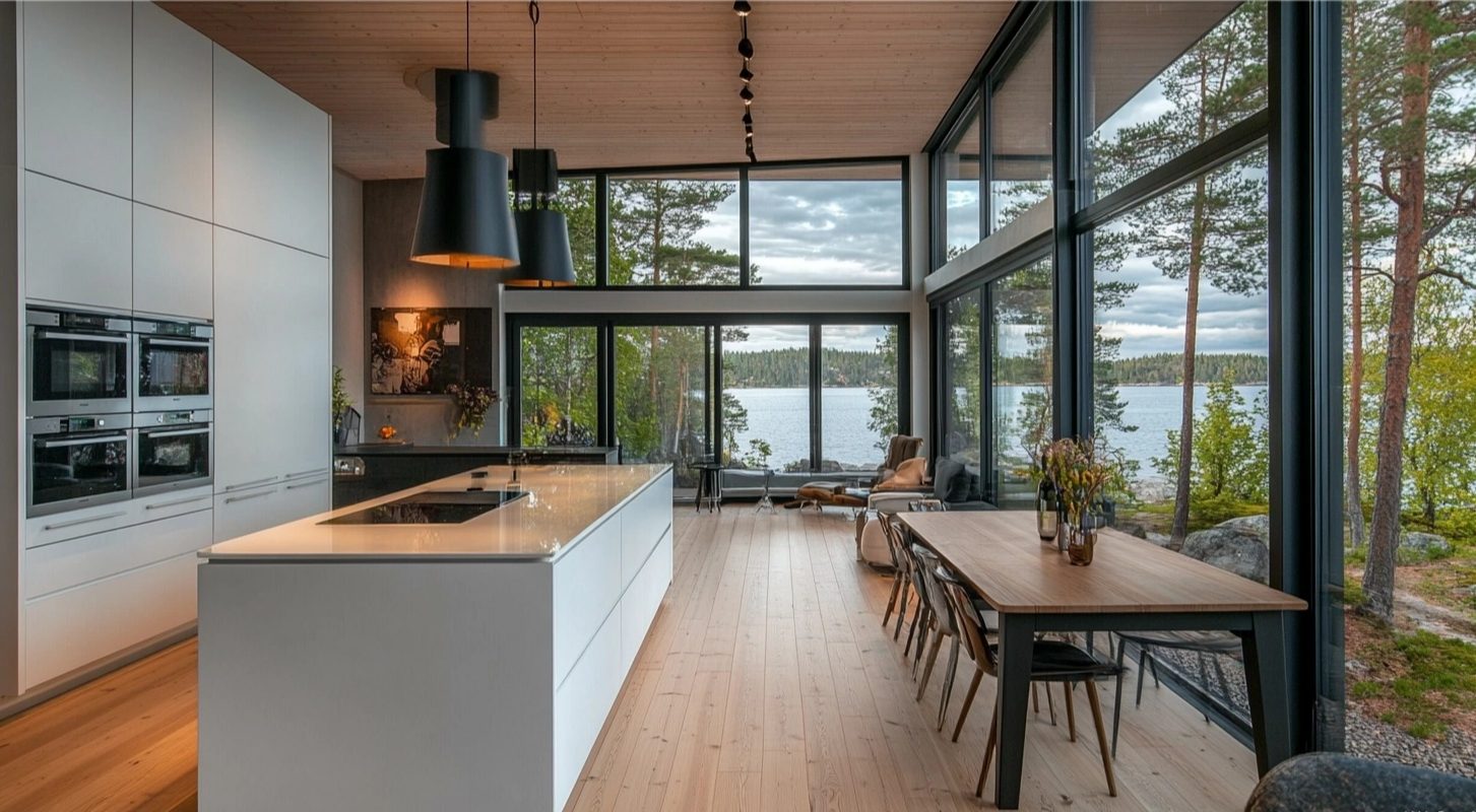 Modern SieMatic kitchen with white cabinets, island, and large windows overlooking a serene lake view.