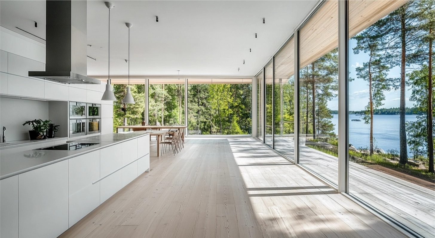 Bright SieMatic kitchen with white cabinets, island, and floor-to-ceiling windows overlooking lake and forest.