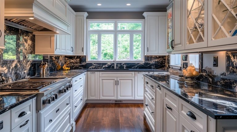 Elegant kitchen with Wellborn white cabinets, black marble countertops, and large window for natural light.