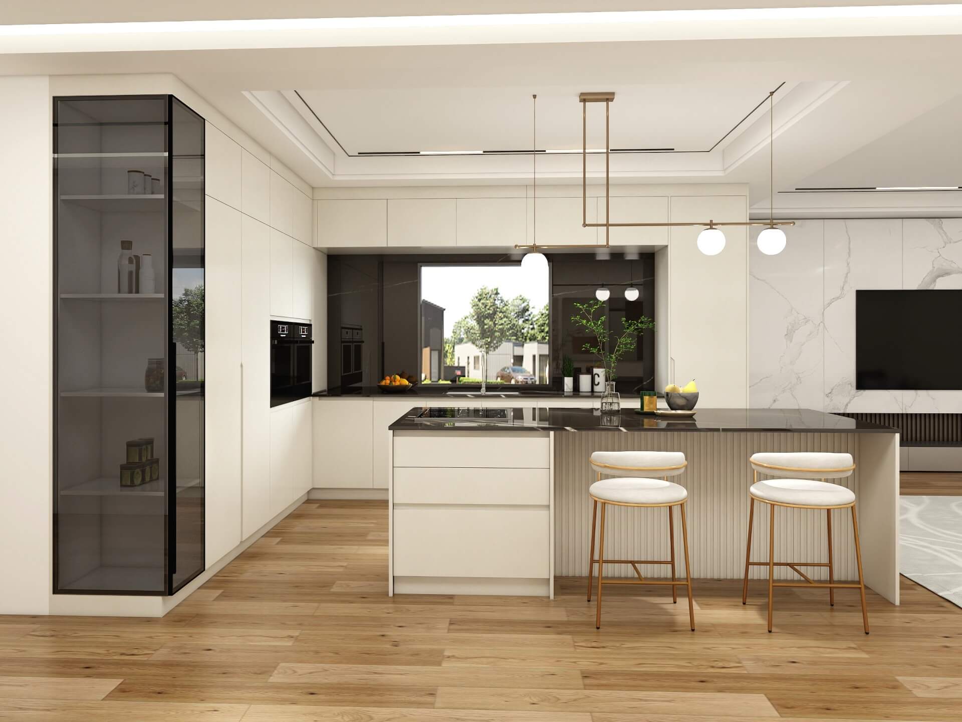 Custom plywood kitchen cupboards with taupe finish, marble island and cylindrical black range hood.