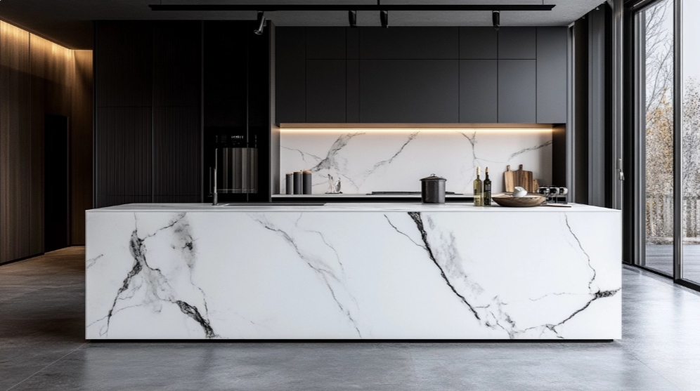 Luxurious kitchen with white marble island, black cabinets, and modern lighting, highlighting premium design.