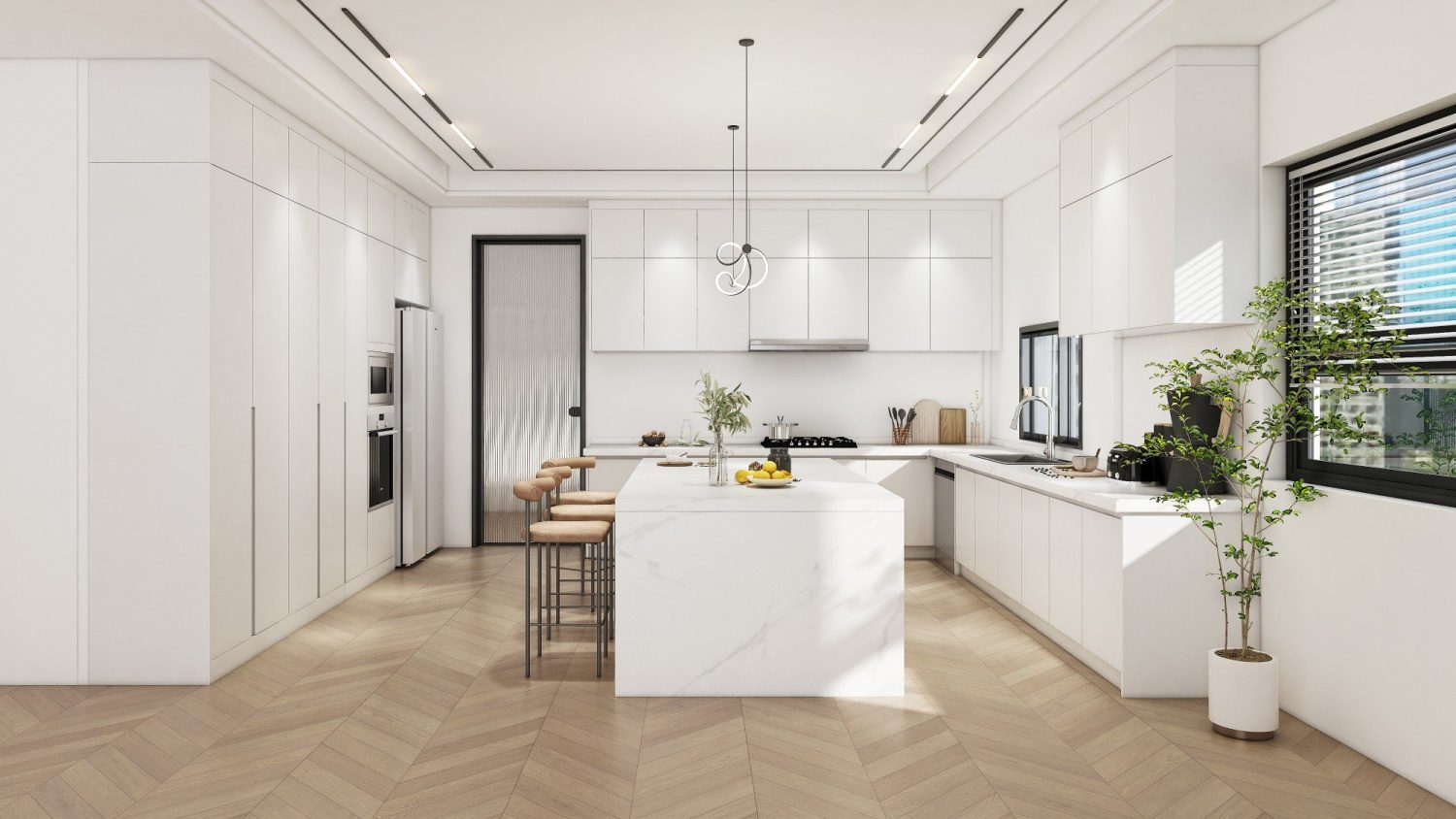 White Australian kitchen with flat panel cabinets, marble island, and minimalist timber floor design