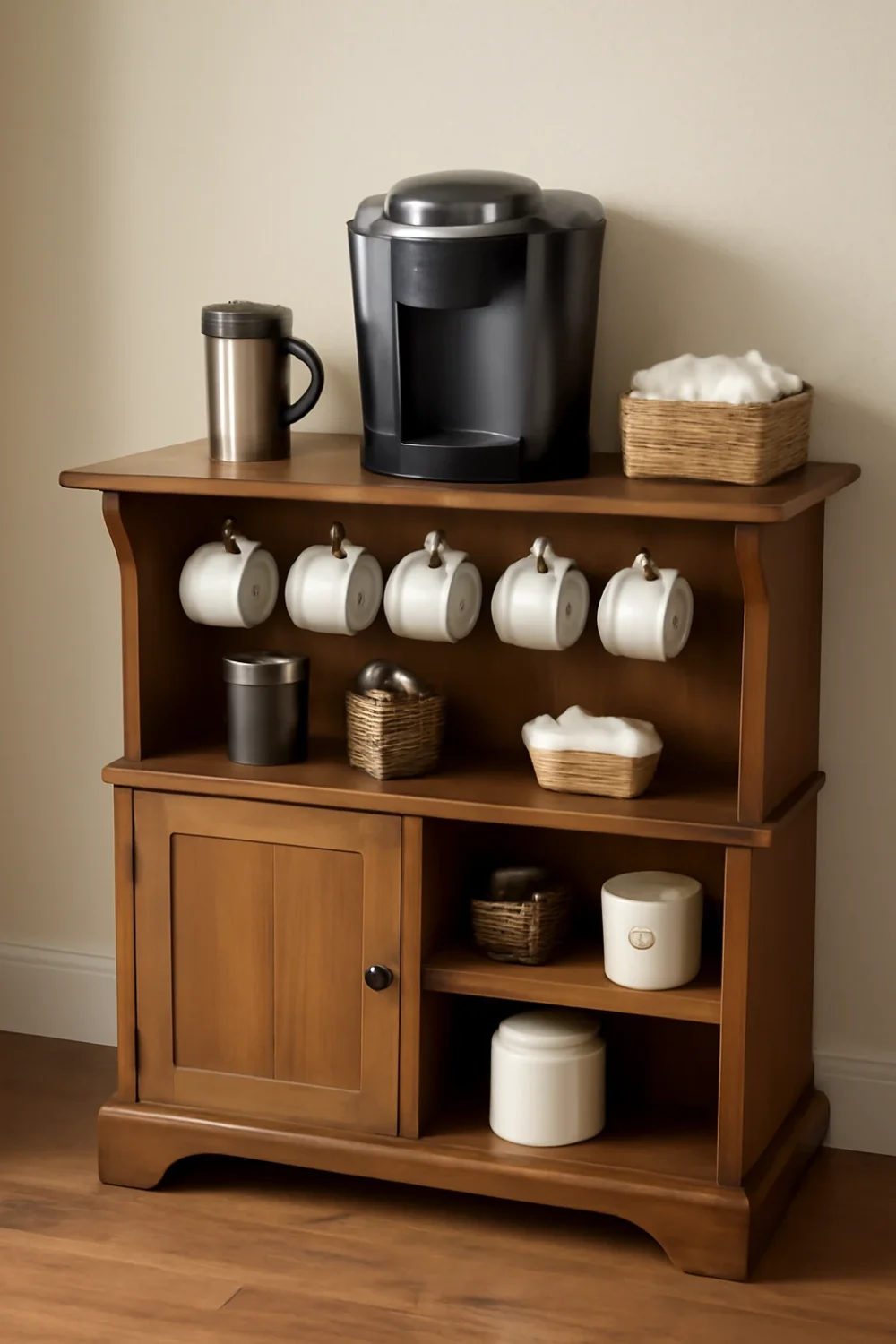 wooden coffee bar cabinet with mugs, coffee maker, and storage for essentials.