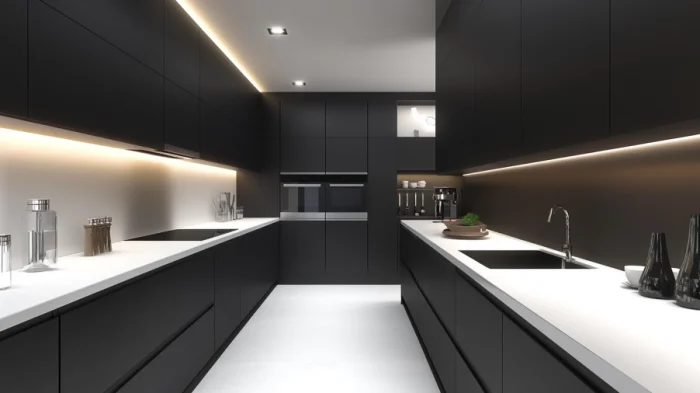 25 Best Black Kitchen Cabinet Ideas 1 A modern kitchen with sleek black cabinets and white countertops, showcasing a minimalist design.