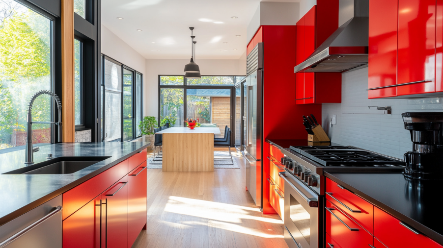 25 Best Red Kitchen Cabinets Ideas 1 Modern kitchen with bright red kitchen cabinets, sleek black countertops, and stainless steel appliances, creating a contemporary and bold kitchen design.