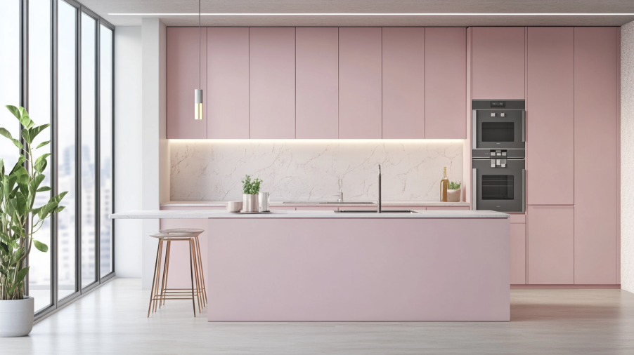 A modern kitchen with soft blush pink cabinets, neutral tones, and sleek minimalist design.