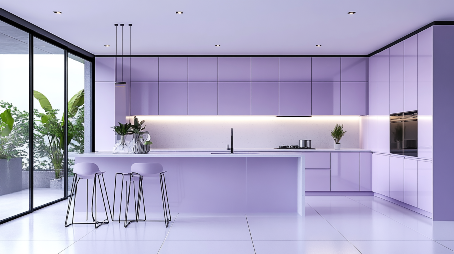 Stunning Purple Kitchen Cabinets Designs: Bold Ideas for Your Kitchen 1 Modern kitchen with soft lavender cabinets and minimalist decor, featuring white countertops and natural light.