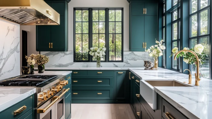 Luxurious kitchen featuring deep teal cabinets with gold hardware and white marble countertops, offering a timeless, elegant design.