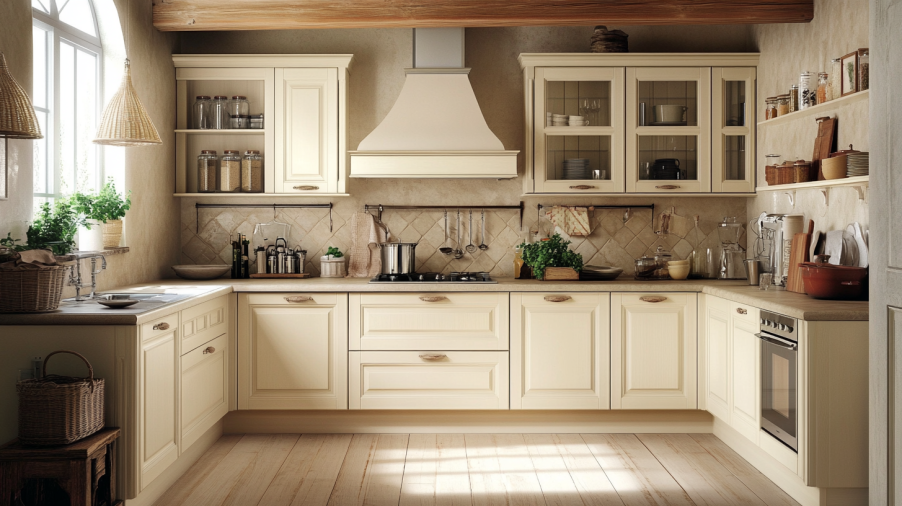 A traditional kitchen with cream-colored cabinets and warm beige walls, creating a cozy and inviting atmosphere.