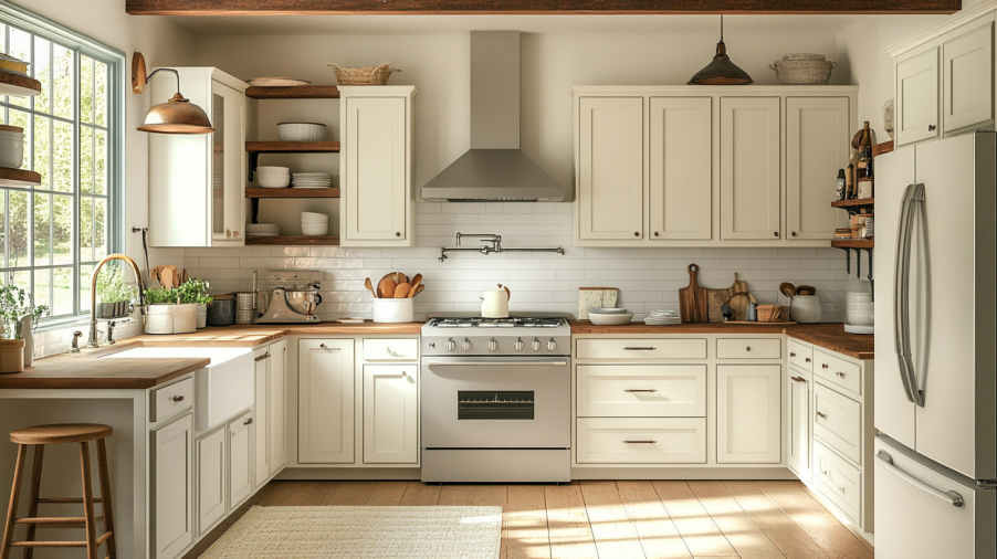 A cozy kitchen featuring white shaker kitchen cabinets, wooden countertops, and natural light from the window