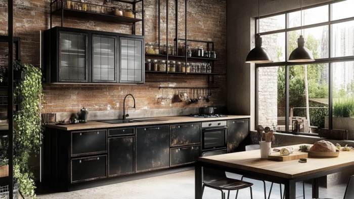 25 Best Black Kitchen Cabinet Ideas 10 A kitchen with black cabinets and metal frames, featuring an industrial design with raw, edgy elements.