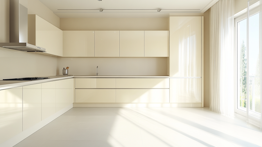 A modern, minimalist kitchen with cream-colored cabinets and classic white walls, providing a fresh, airy, and clean look.