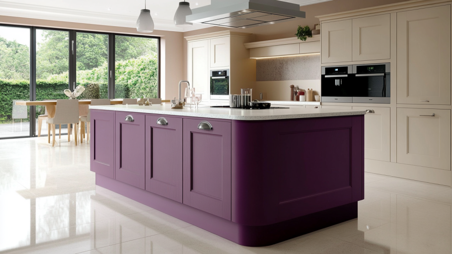 Modern kitchen with a purple island serving as the focal point, surrounded by neutral-colored cabinets.