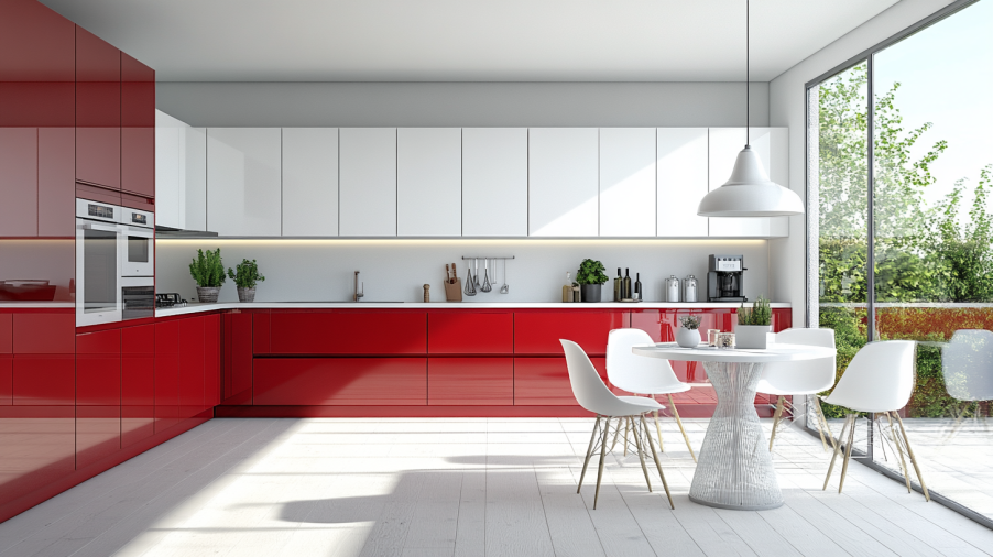 Modern kitchen with red lower cabinets and white upper cabinets, creating a vibrant contrast in a bright, clean space.