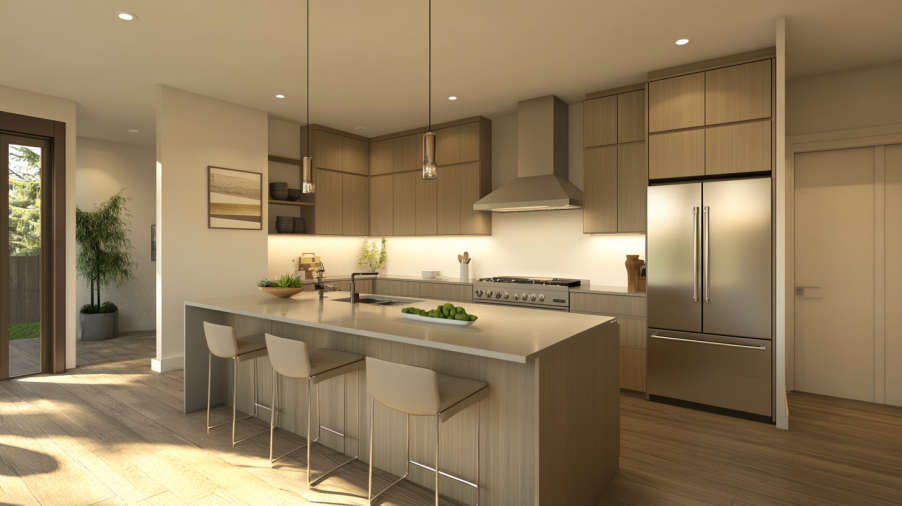A sustainable kitchen with Taupe cabinets made from eco-friendly materials like reclaimed wood and low-VOC finishes.