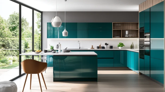 Contemporary kitchen with teal floating cabinets, stainless steel appliances, and a clean, minimalist design.