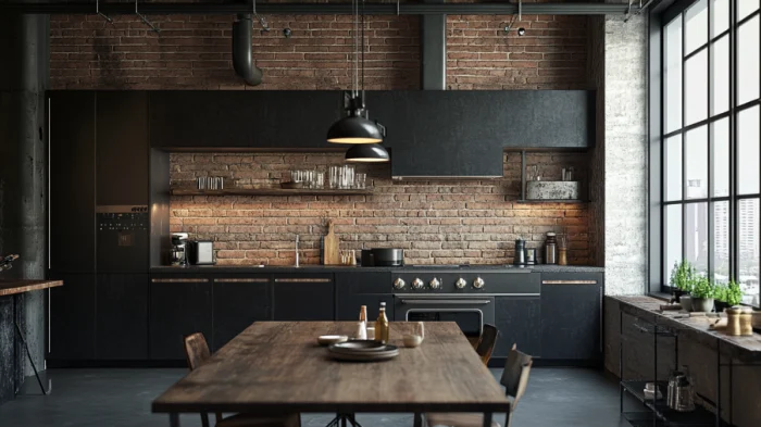 25 Best Black Kitchen Cabinet Ideas 11 A modern kitchen with black cabinets and exposed brick walls, creating an industrial vibe with sleek design.