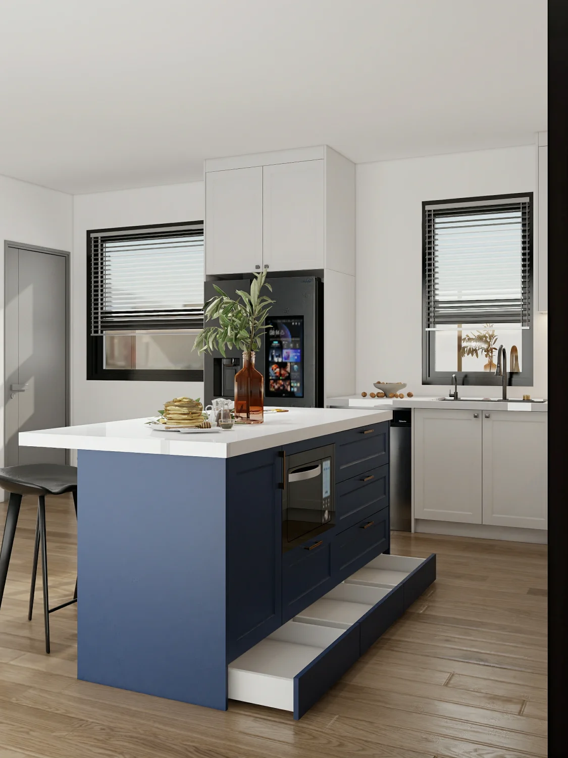 A kitchen with white shaker kitchen cabinets featuring hidden storage, pull-out drawers, and a sleek design
