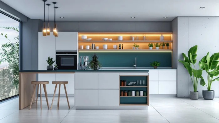 Kitchen with teal accent cabinets and open shelving, offering a minimalist design with plenty of natural light and greenery.