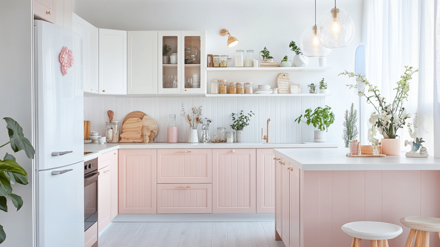A modern kitchen with light pink cabinets, white walls, and natural wooden elements.