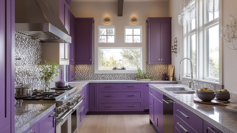 Kitchen with purple cabinets paired with soft gray accents, creating a balanced and contemporary design.