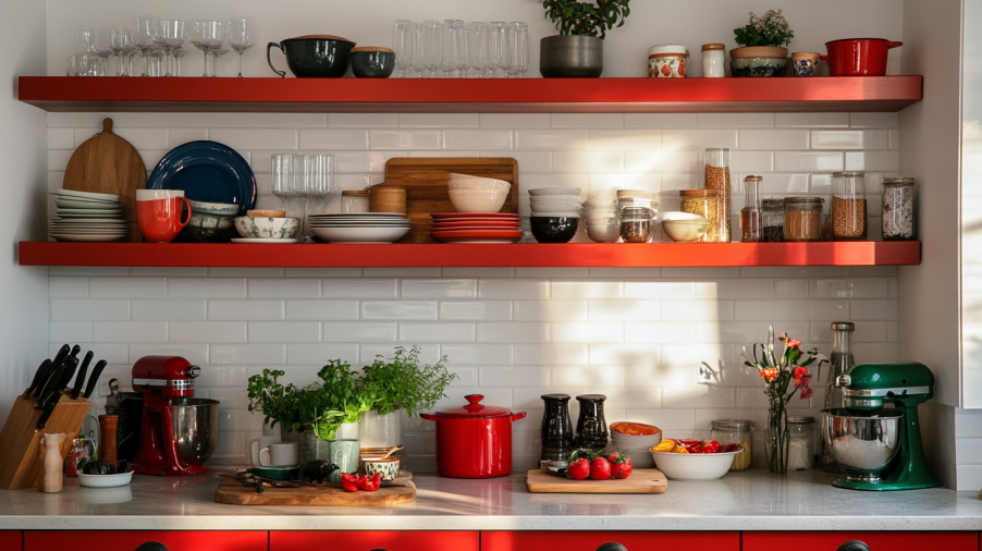 Kitchen with red open shelves displaying kitchenware and decorative items, adding personality to the design.