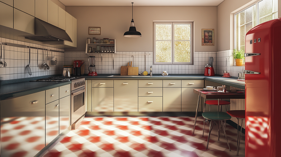 A retro-inspired kitchen with Taupe cabinets, a checkered floor, colorful tiles, and vintage appliances for a nostalgic yet modern look.