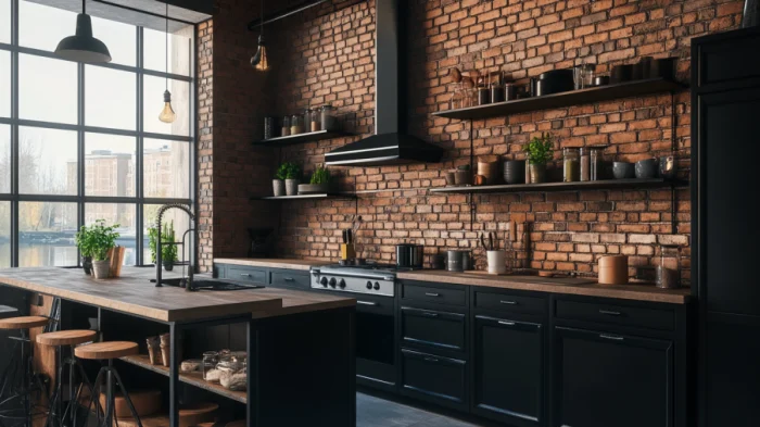 25 Best Black Kitchen Cabinet Ideas 12 A kitchen with black cabinets and iron details, featuring exposed shelving and an industrial design.