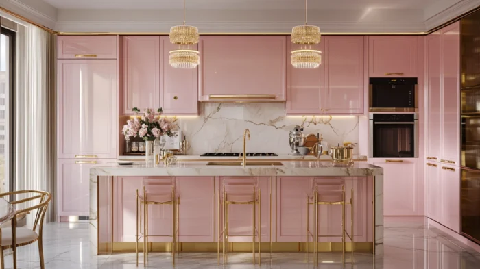 A luxurious kitchen with glossy pink cabinets and gold hardware, marble countertops.