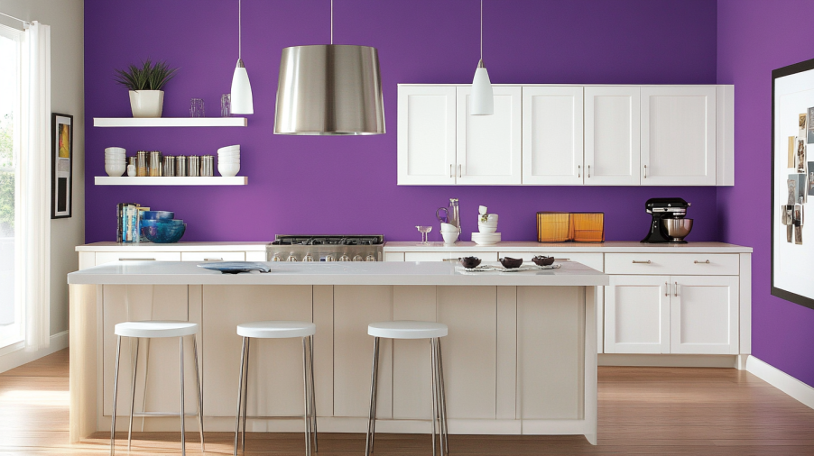 Kitchen with a deep purple accent wall and light-colored cabinets, providing a subtle pop of color.