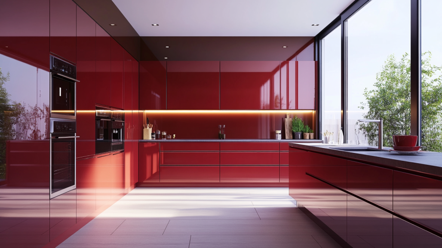 Modern kitchen with red slab kitchen cabinets, sleek countertops, and minimalistic design, creating a high-end contemporary space.