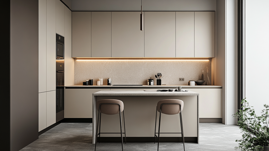 A small kitchen with Taupe cabinets and light-colored walls, making the space feel more open and airy.