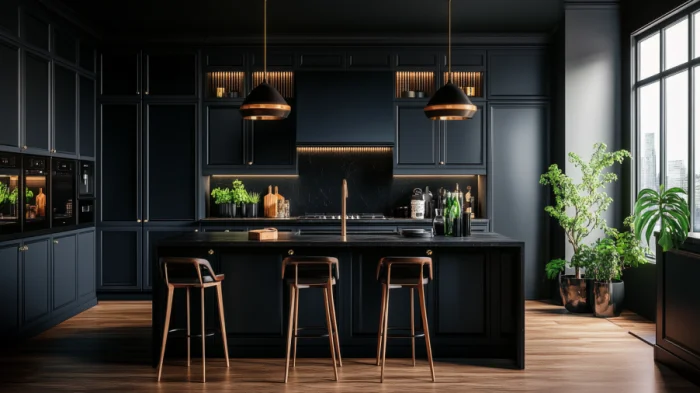 25 Best Black Kitchen Cabinet Ideas 13 A kitchen with black cabinets and dark blue walls, creating a rich, luxurious atmosphere with contemporary design.