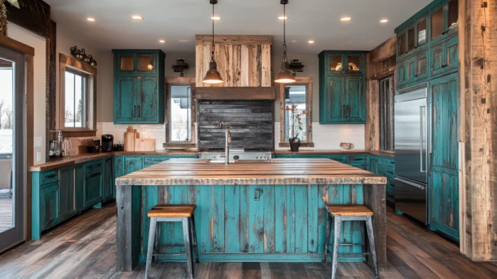 Rustic kitchen with distressed teal cabinets, reclaimed wood accents, and warm lighting for a cozy, inviting atmosphere.