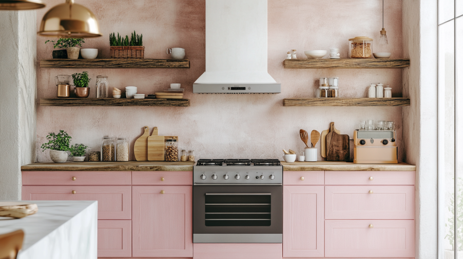 A warm kitchen with pink cabinets, wooden countertops, and floating shelves.