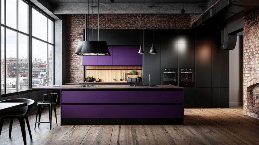 Modern kitchen with purple cabinets paired with black hardware for an industrial and sophisticated design.