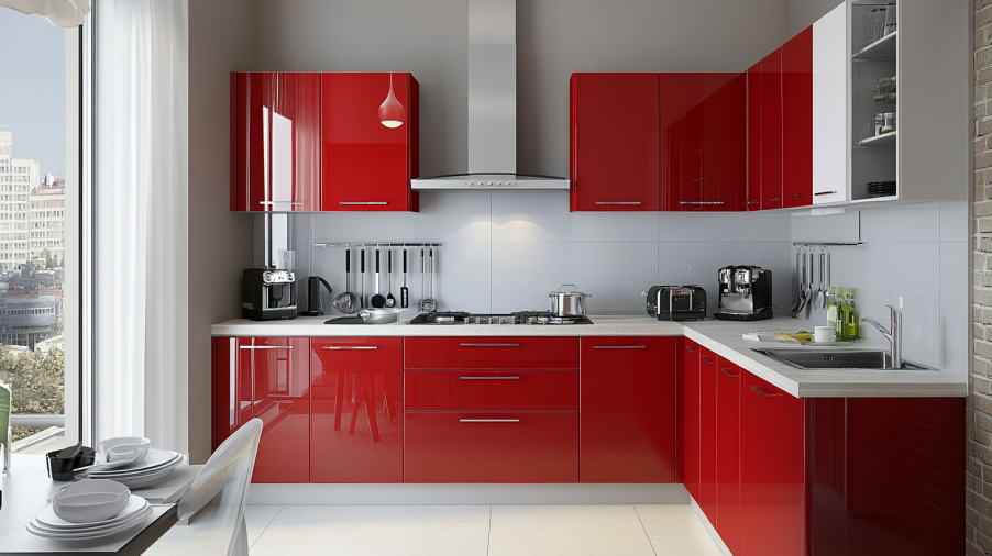 Small kitchen with red L-shaped kitchen cabinets, paired with white countertops and neutral tones, maximizing space and enhancing brightness.