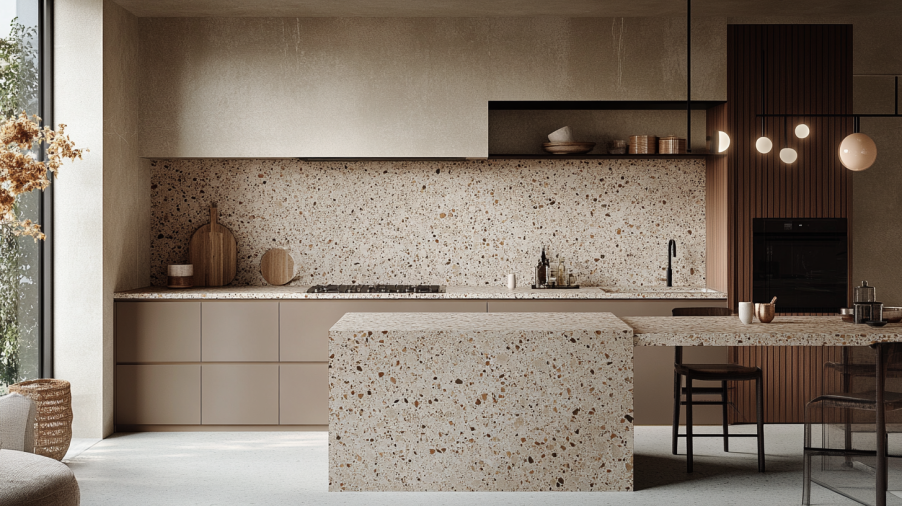 A kitchen with Taupe cabinets paired with textured materials like terrazzo countertops and a concrete floor, adding depth and character to the design.