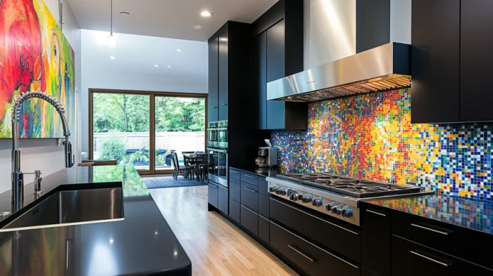 25 Best Black Kitchen Cabinet Ideas 14 A kitchen with black cabinets and a vibrant colorful tile backsplash, adding life and personality to the space.